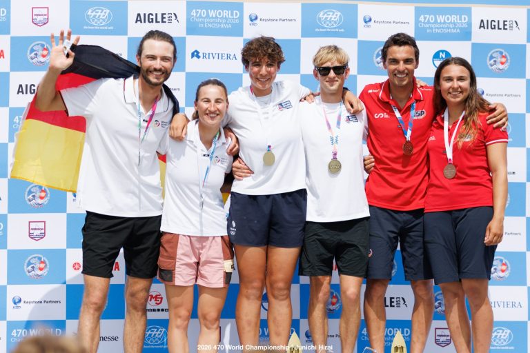 Gold, silver and bronze medal teams at the 2026 470 World Championship in Enoshima