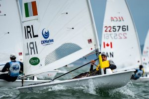 ILCA 7 sailors racing upwind at the 2026 World Championships in Dublin Bay