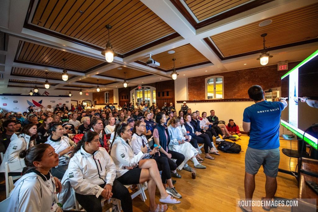 Sailors at a team briefing ahead of the NYYC Women's International Championship