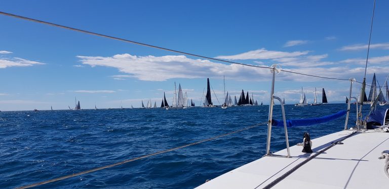 A fleet of racing yachts under sail at a regatta
