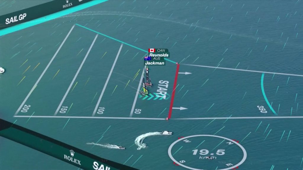 A SailGP F50 catamaran at the start line in Valencia